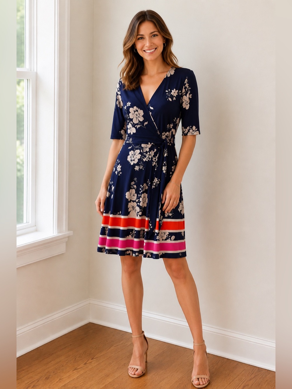 Vince Camuto Navy Floral Faux Wrap Dress Size 8 Knee Length Stretch 3/4 Sleeve
